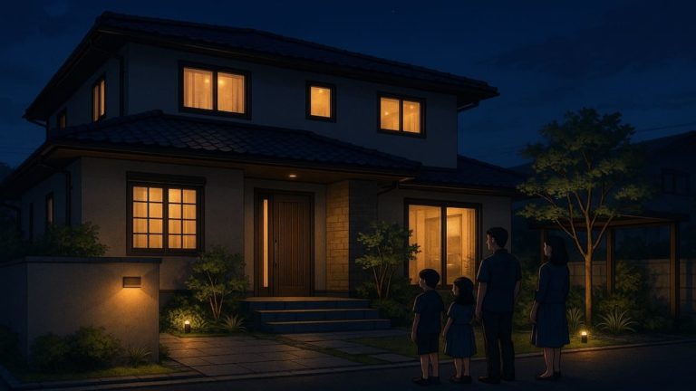 外構の夜の雰囲気を楽しむ家族