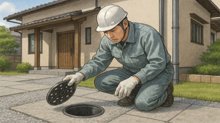 外構の雨水マス処理を確認する職人