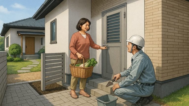 外構の勝手口の使い方に満足する女性