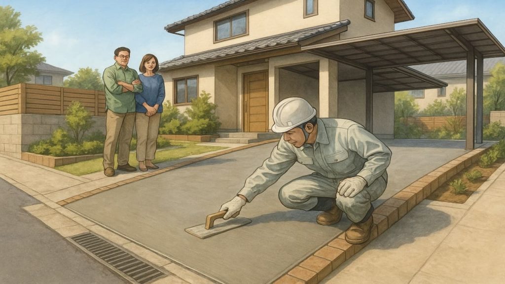 外構駐車場の坂道仕上げをする職人