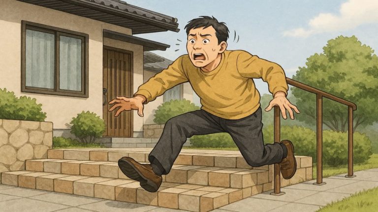 外構階段の転倒防止に驚く男性