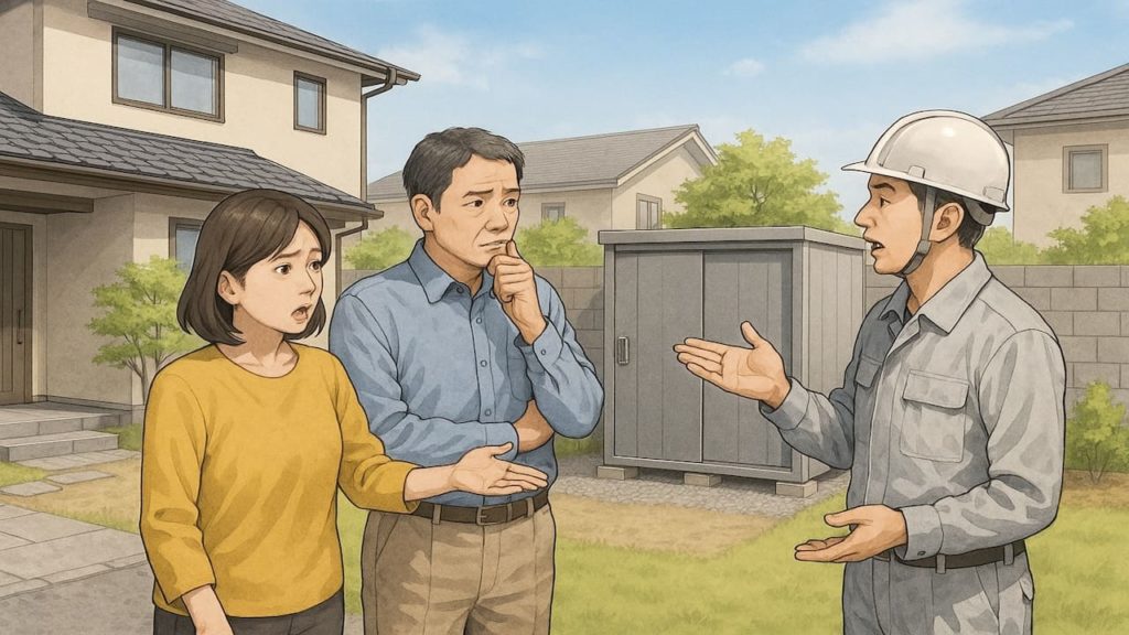 外構物置の設置条件を相談する夫婦