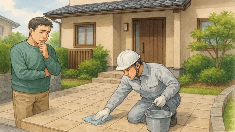 外構タイルのすべり対策をする職人