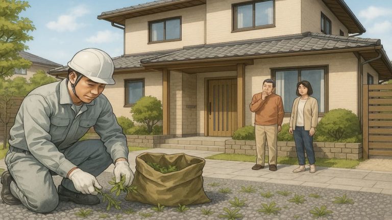 外構での雑草抜きをしている職人