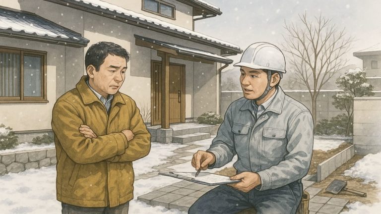 外構は冬場に施工できるかに悩む男性