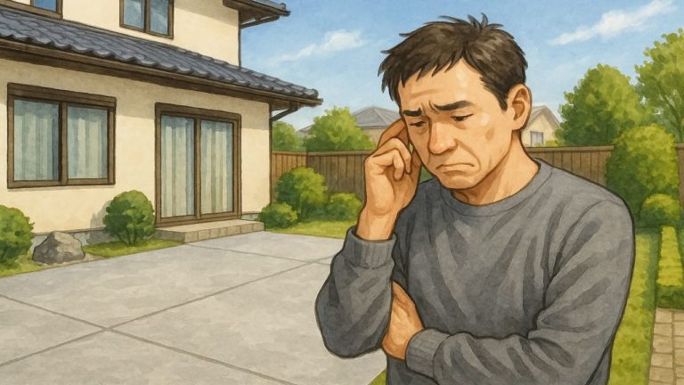 庭 コンクリートで後悔する男性