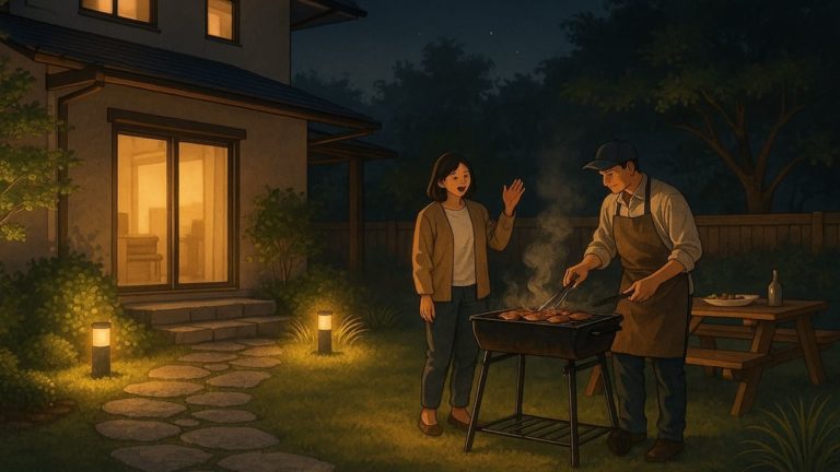 庭の照明でバーベキューを楽しむ夫婦