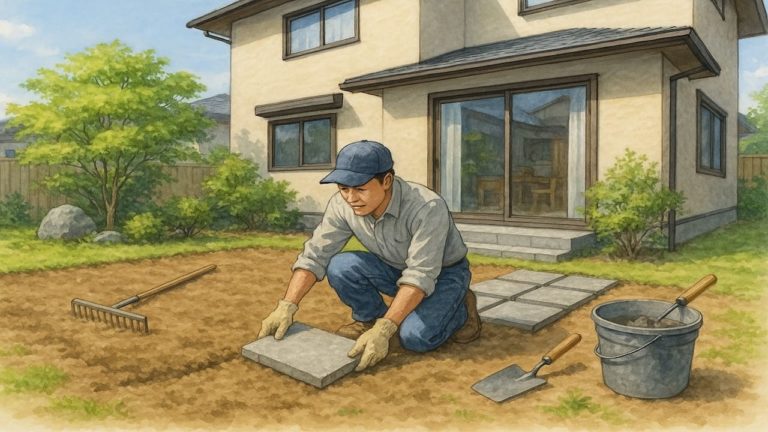 土の庭をdiyする男性