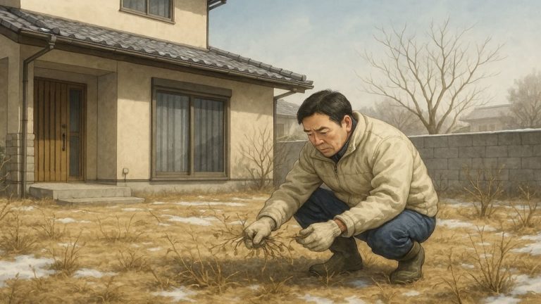 冬の雑草に悩む男性