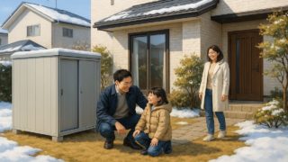 江別市の住宅に施工された屋外用物置イメージ