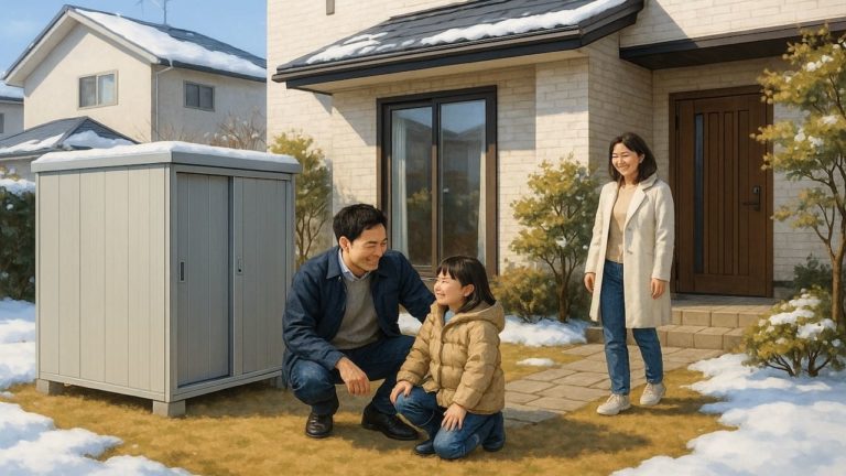 江別市の住宅に施工された屋外用物置イメージ