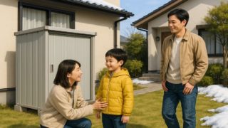 花巻市の住宅に施工された屋外用物置イメージ