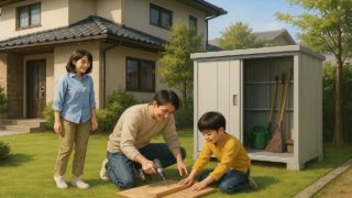 【日立市】物置工事の費用と特徴|庭に映えるおしゃれなプラン 日立市の住宅に施工された屋外用物置イメージ