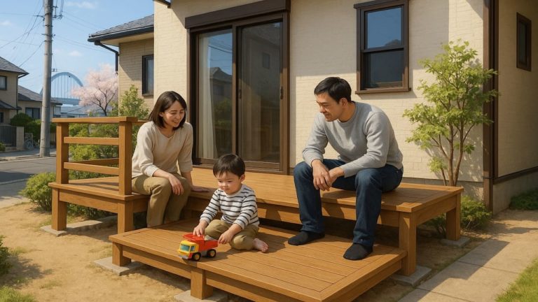 今治市の住宅に施工されたウッドデッキイメージ