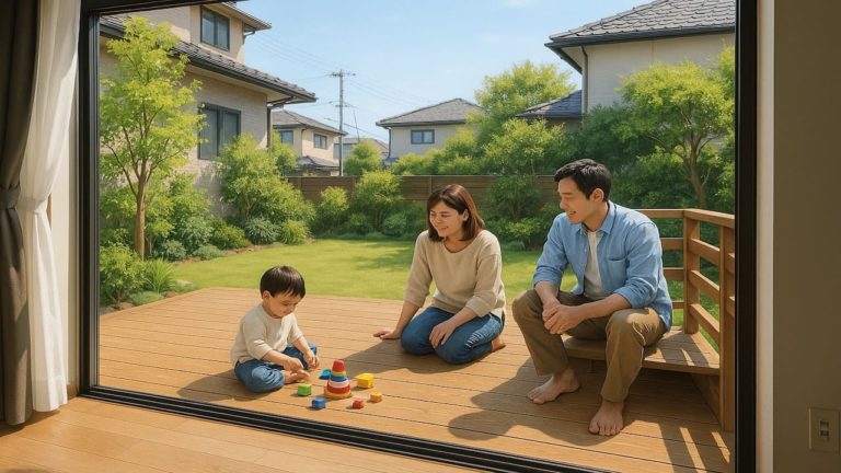 春日市の住宅に施工されたウッドデッキイメージ