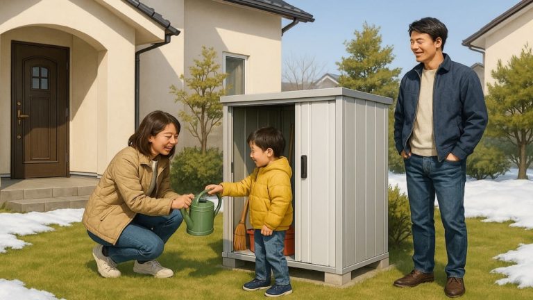 北広島市の住宅に施工された屋外用物置イメージ