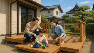 松山市の住宅に施工されたウッドデッキイメージ