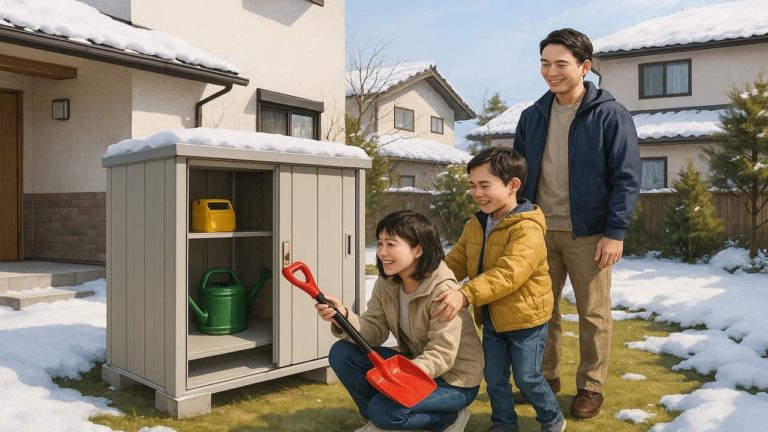 奥州市の住宅に施工された屋外用物置イメージ