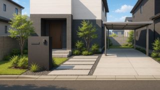 【島根県】安いのにおしゃれ!外構を引き立てる光とラインの工夫 島根県の住宅に施工されたおしゃれで安い外構イメージ