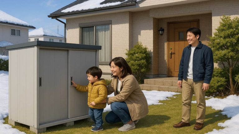 苫小牧市の住宅に施工された屋外用物置イメージ