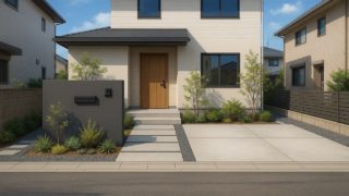 【津山市】外構を安くてもおしゃれに見せる門柱+植栽プラン 津山市の住宅に施工されたおしゃれで安い外構イメージ