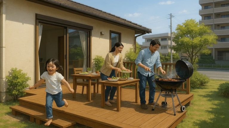 米子市の住宅に施工されたウッドデッキイメージ