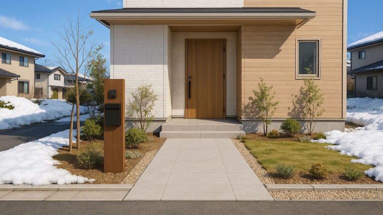 八戸市の戸建て外構に施工された玄関アプローチのイメージ