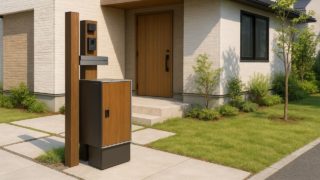 【伊丹市】宅配ボックスの総額相場|鍵・ダイヤルの選定ミス防止 伊丹市の戸建て外構に施工された宅配ボックスのイメージ