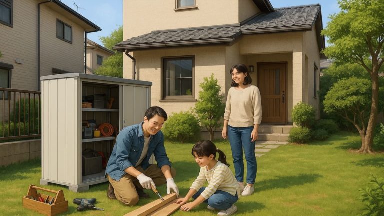 河内長野市の住宅に施工された屋外用物置イメージ