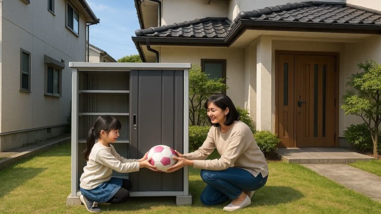 岸和田市の住宅に施工された屋外用物置イメージ