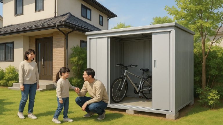 松本市の住宅に施工された屋外用物置イメージ