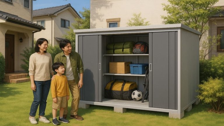 松山市の住宅に施工された屋外用物置イメージ