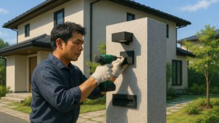【箕面市】門柱の費用相場|見た目と機能の両立で満足度UP 箕面市の戸建て外構に施工された門柱のイメージ