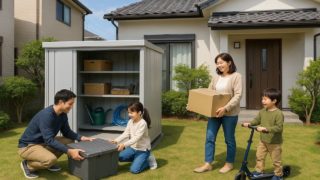 延岡市の住宅に施工された屋外用物置イメージ