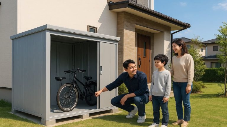 尾道市の住宅に施工された屋外用物置イメージ