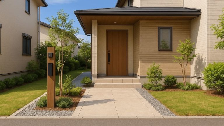 西条市の戸建て外構に施工された玄関アプローチのイメージ