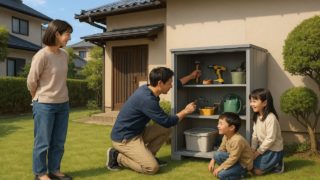 三田市の住宅に施工された屋外用物置イメージ