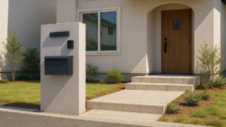 【湘南】門柱の価格ガイド|センス良く見せる小ワザ集 湘南の戸建て外構に施工された門柱のイメージ