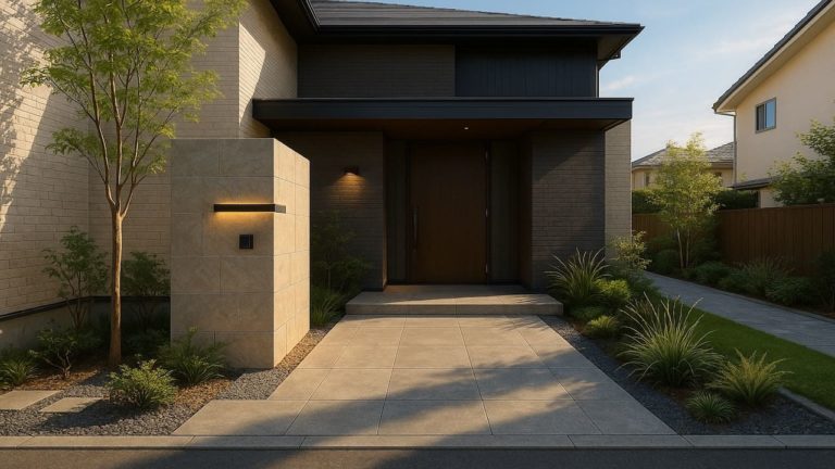 東海市の戸建て外構に施工された玄関アプローチのイメージ