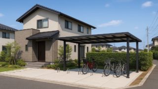 【愛知県】サイクルポートの価格目安|狭小地でも置けるスマート設計 愛知県の戸建て外構に施工されたサイクルポートのイメージ