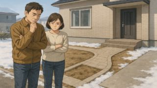 【青森県】外構の失敗例5選|DIYで手を出しすぎてしまったケース 青森県の外構工事の失敗にがっかりする夫婦のイメージ