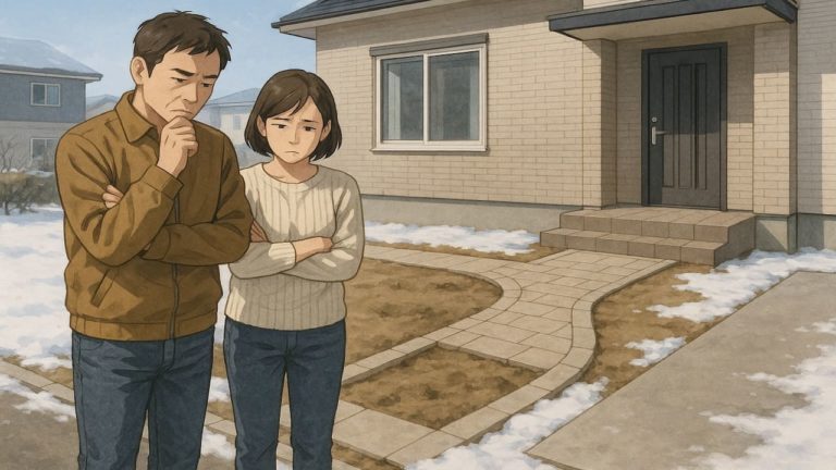 青森県の外構工事の失敗にがっかりする夫婦のイメージ