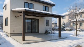 【江別市】テラス屋根の費用と注意点|ありがちな失敗とその防ぎ方 江別市の戸建て外構に施工されたテラス屋根のイメージ