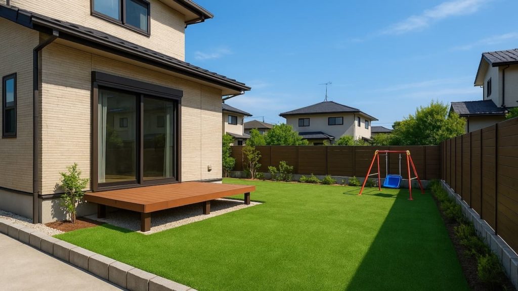 福山市の戸建て外構に施工された人工芝のイメージ