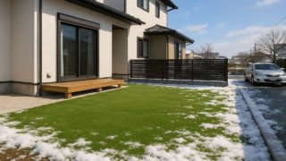 【八戸市】人工芝の費用|ニオイと汚れを減らす工夫5選 八戸市の戸建て外構に施工された人工芝のイメージ