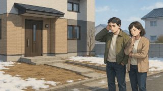 【八戸市】外構レイアウトの失敗5つ|玄関まわりがごちゃついて見える原因 八戸市の外構工事の失敗にがっかりする夫婦のイメージ