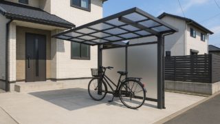 【白山市】サイクルポートの総額相場|ベビーカー・三輪車も想定する 白山市の戸建て外構に施工されたサイクルポートのイメージ