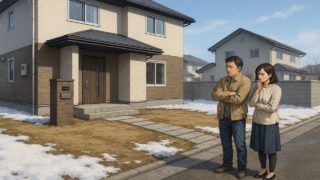 花巻市の外構工事の仕上がりにがっかりする夫婦のイメージ