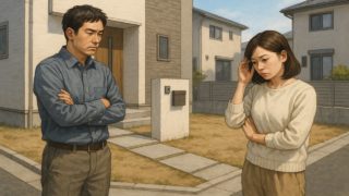 【日野市】外構レイアウトの失敗5選|ゴミ出しや物干しが遠回りになる形 日野市の外構工事の失敗にがっかりする夫婦のイメージ