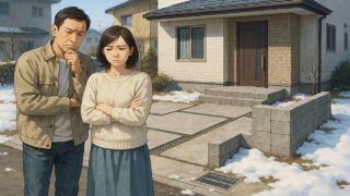 北海道の外構工事の失敗にがっかりする夫婦のイメージ